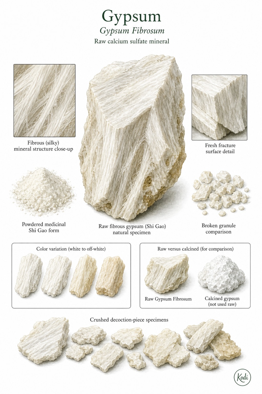Scientific specimen plate of Gypsum, Gypsum Fibrosum, showing raw fibrous mineral pieces, powdered Shi Gao, and diagnostic material details.