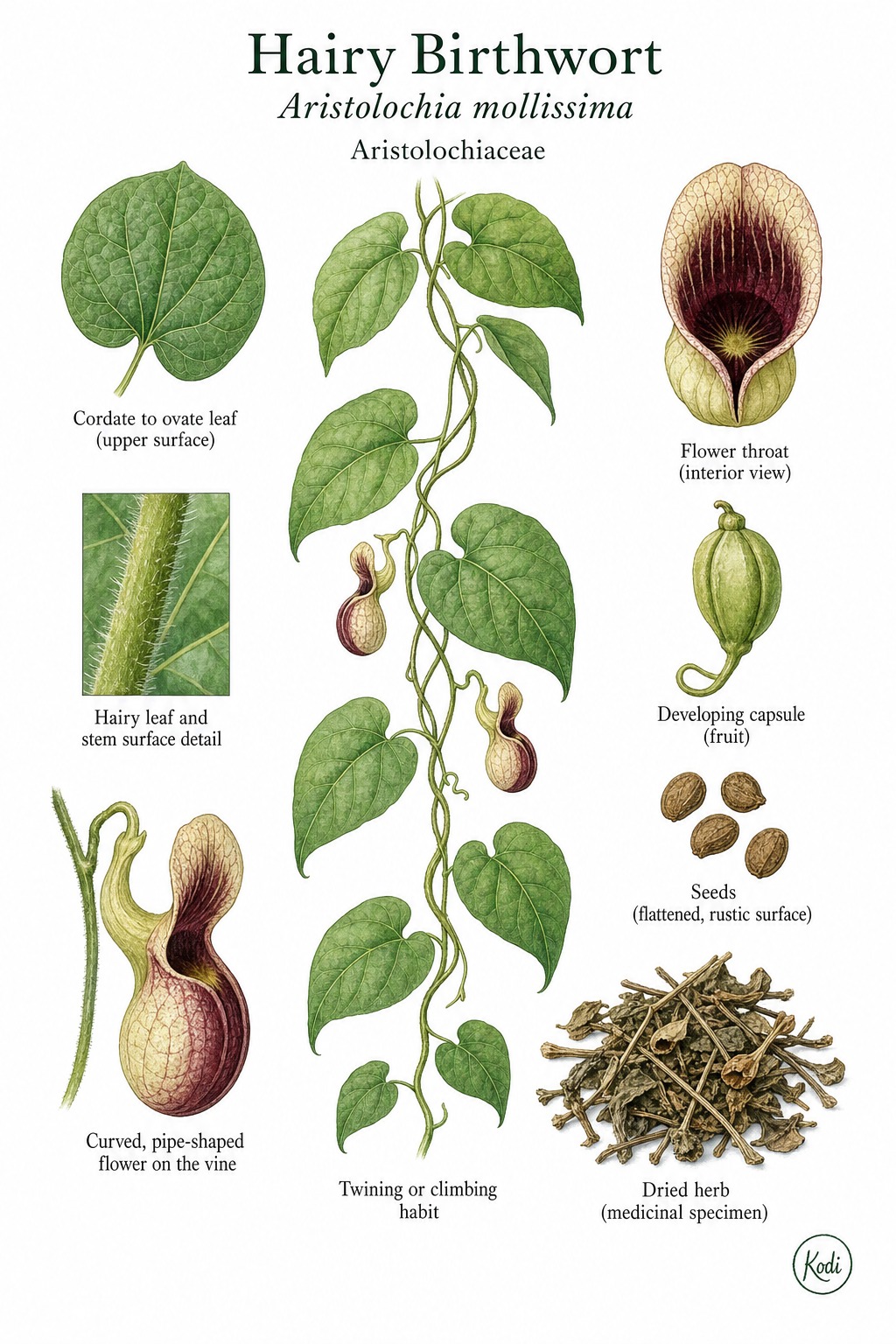 Botanical illustration of Hairy Birthwort, Aristolochia mollissima, showing climbing habit, pipe-shaped flower, hairy surfaces, and diagnostic plant details.