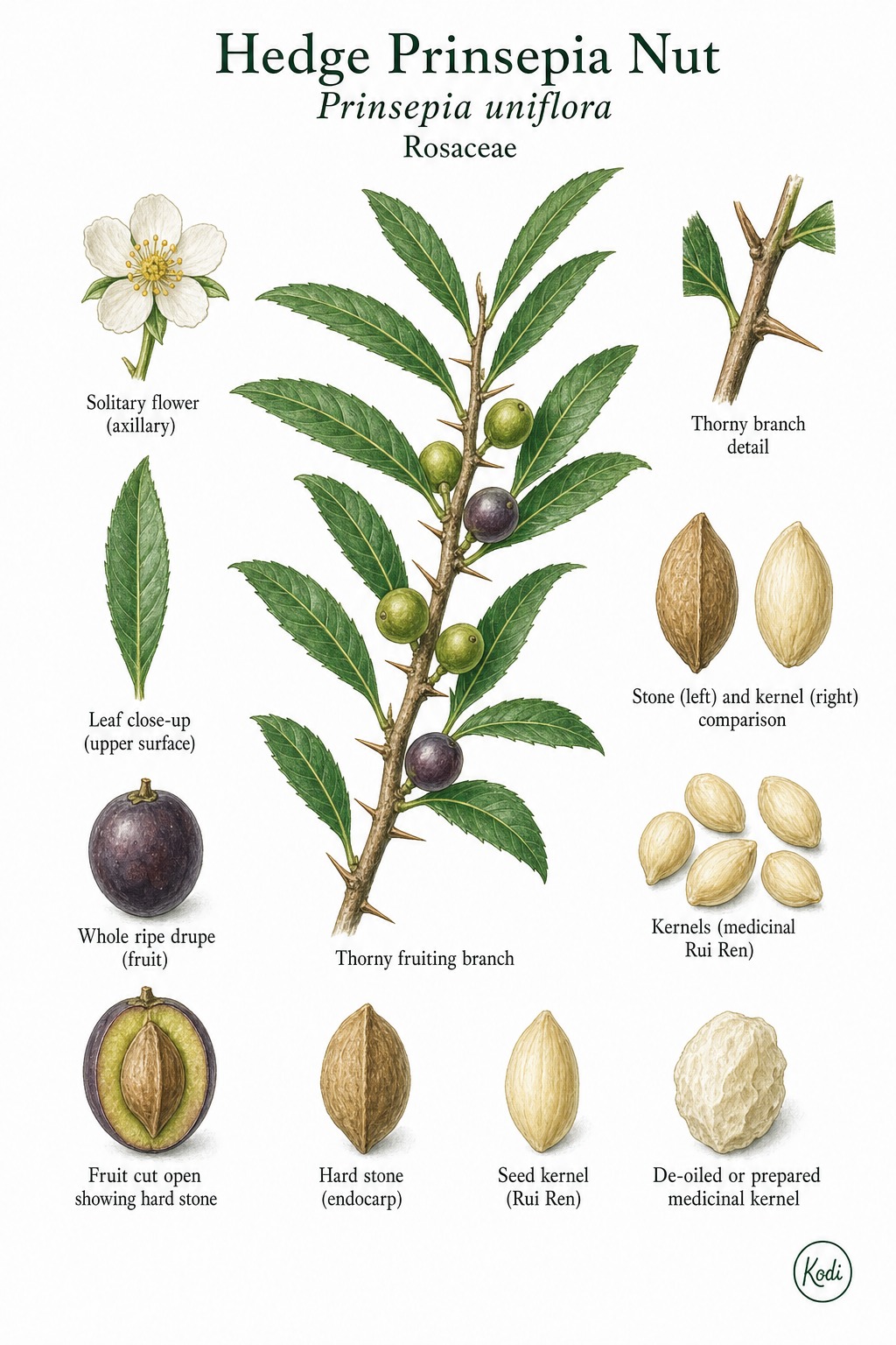 Botanical illustration of Hedge Prinsepia Nut, Prinsepia uniflora, showing thorny branch, drupe fruit, hard stone, kernel, and diagnostic plant details.