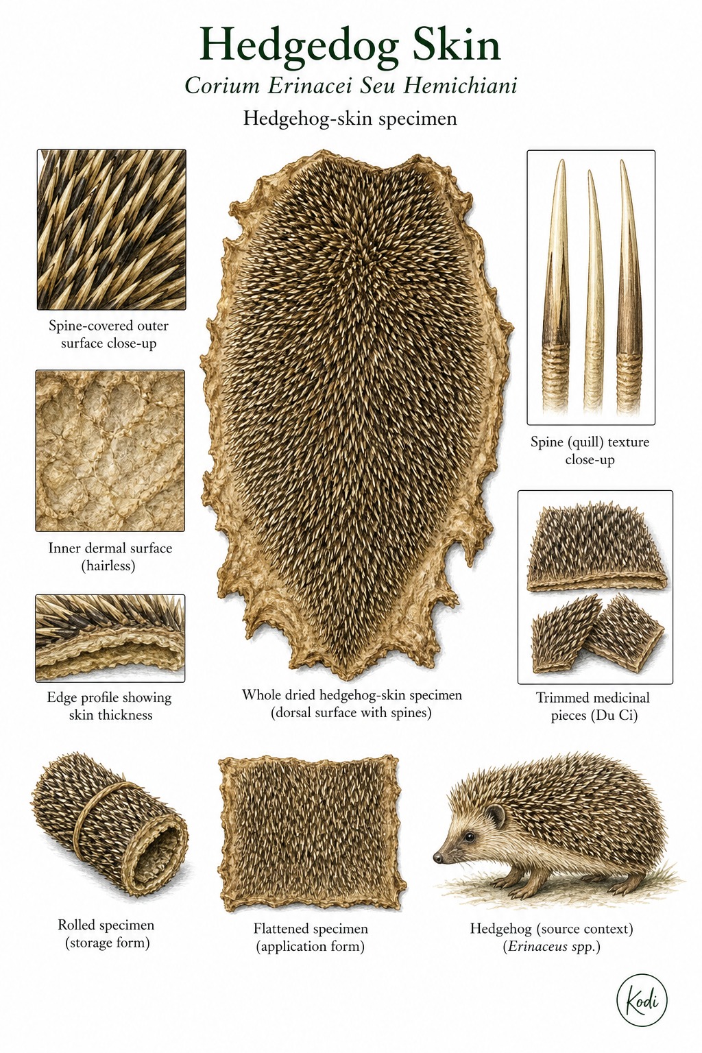 Scientific specimen plate of Hedgedog Skin, Corium Erinacei Seu Hemichiani, showing dried skin, spine-covered outer surface, and diagnostic material details.