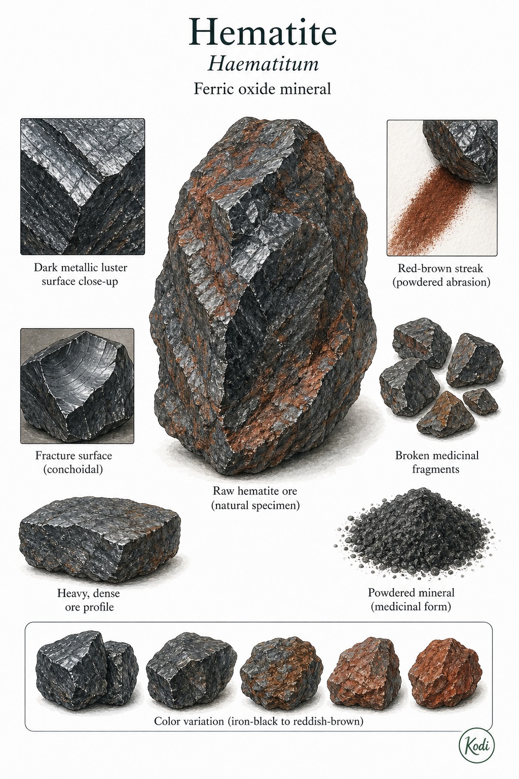 Scientific specimen plate of Hematite, Haematitum, showing raw ore, metallic surfaces, red-brown streak detail, and diagnostic mineral features.