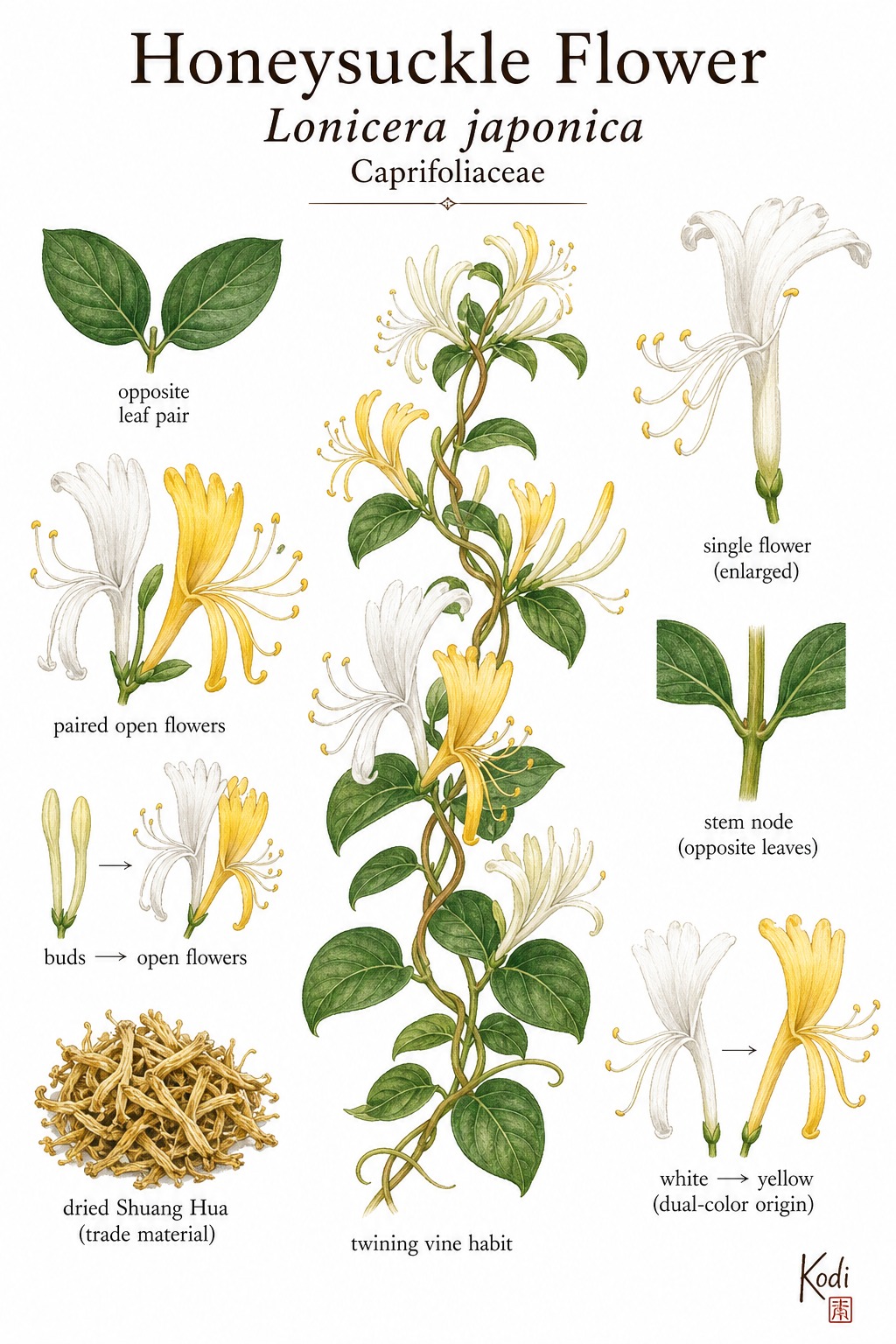 Botanical illustration of Honeysuckle Flower, Lonicera japonica, showing paired white-and-yellow open blossoms, dried Shuang Hua material, and diagnostic plant details.