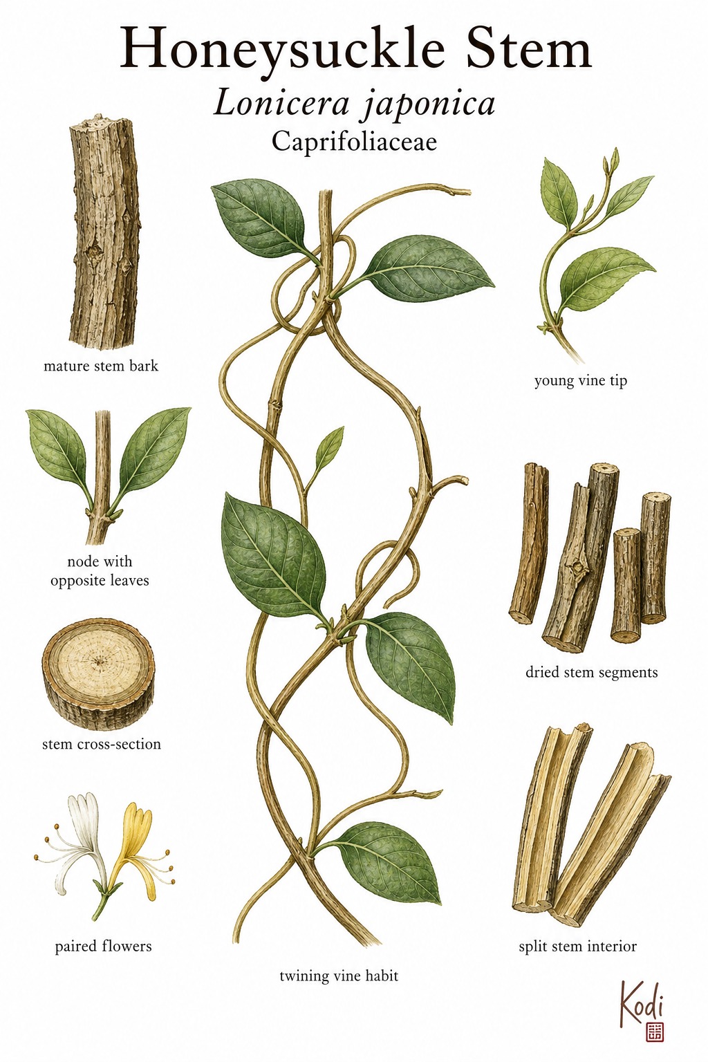 Botanical illustration of Honeysuckle Stem, Lonicera japonica, showing twining vine stems, stem cross-section, dried medicinal stem segments, and diagnostic plant details.