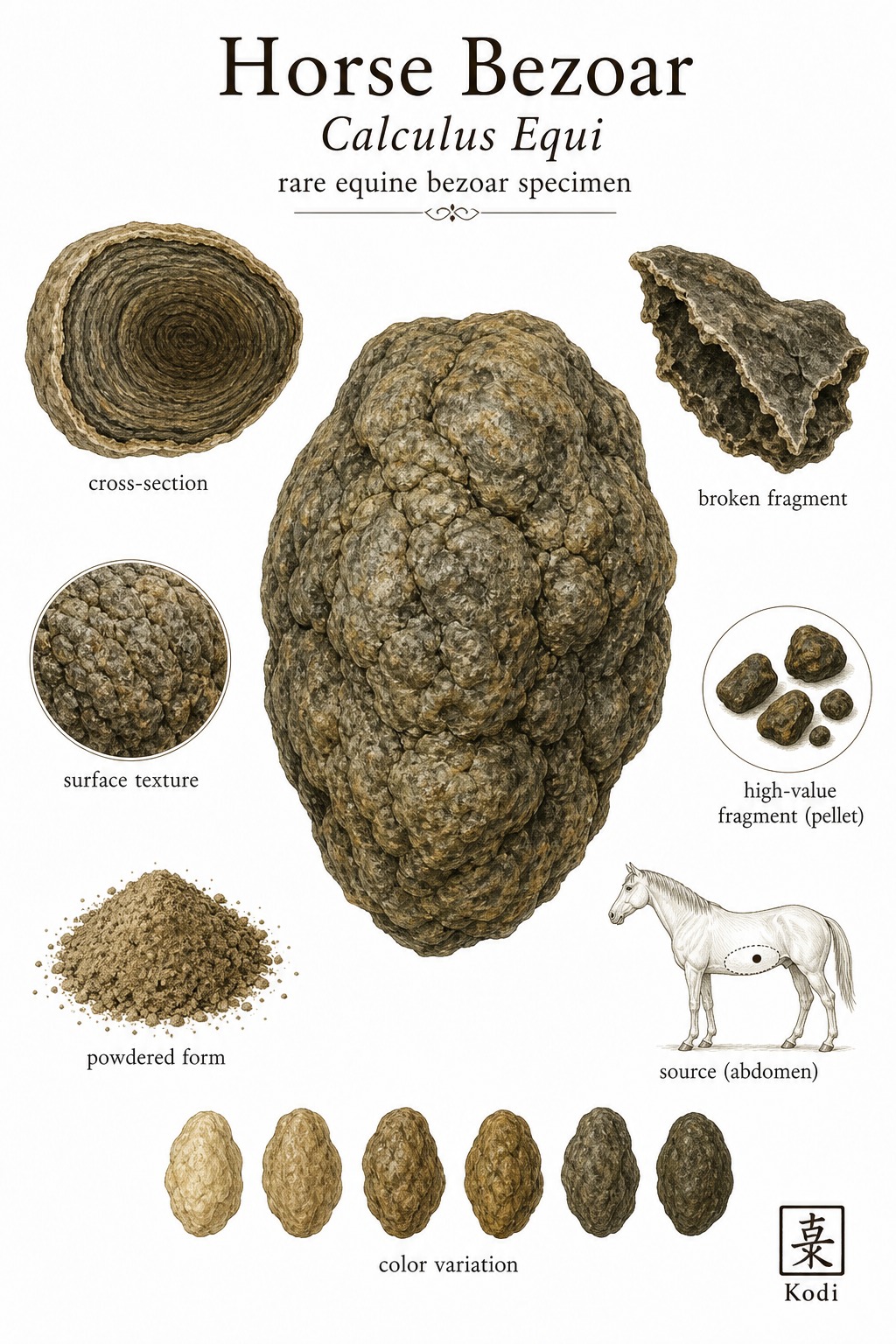 Scientific specimen plate of Horse Bezoar, Calculus Equi, showing irregular equine bezoar mass, layered interior, and diagnostic medicinal specimen details.