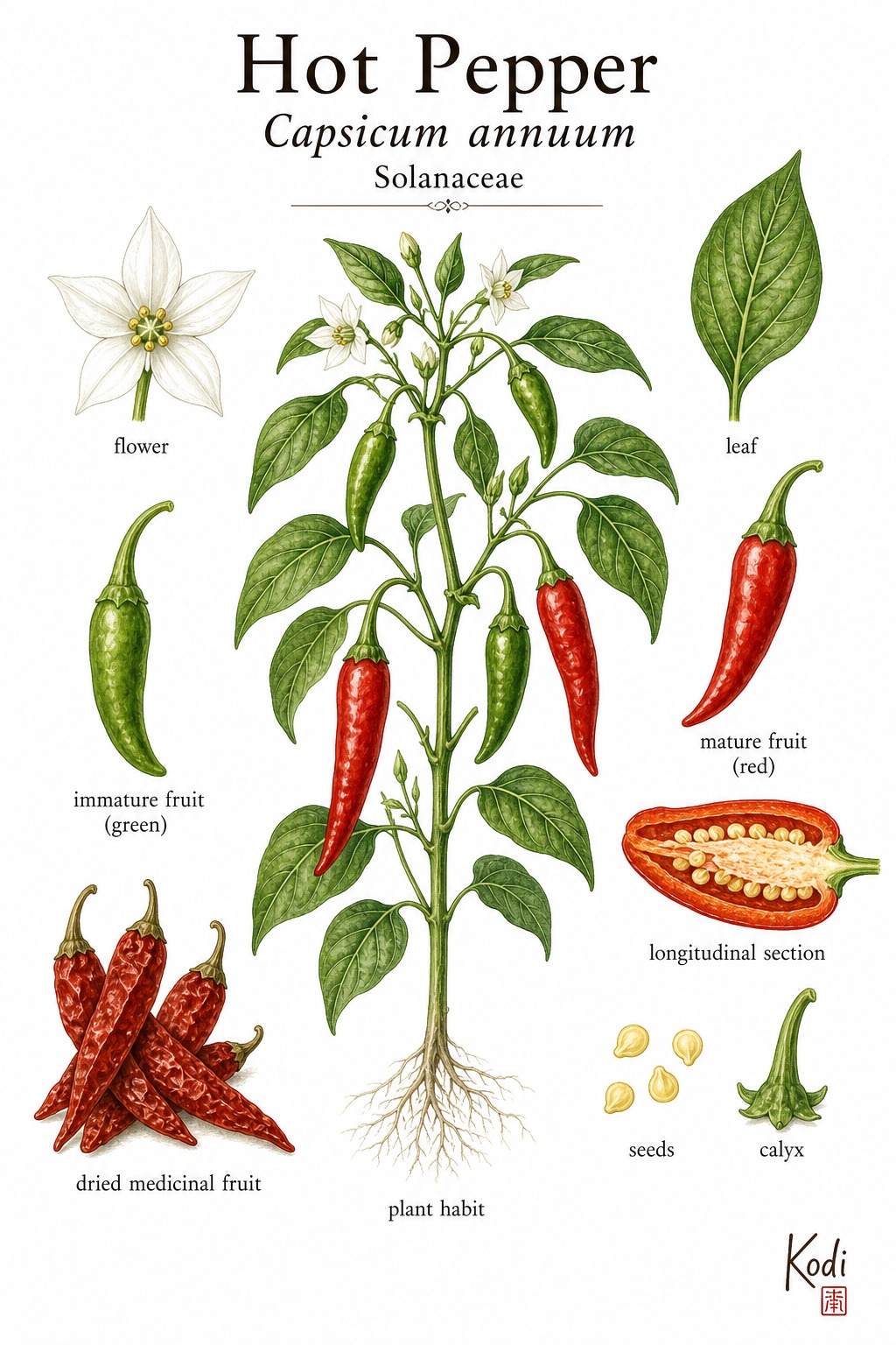 Botanical illustration of Hot Pepper, Capsicum annuum, showing pepper plant habit, white flowers, green and red chili fruits, seeds, and diagnostic medicinal-fruit details.