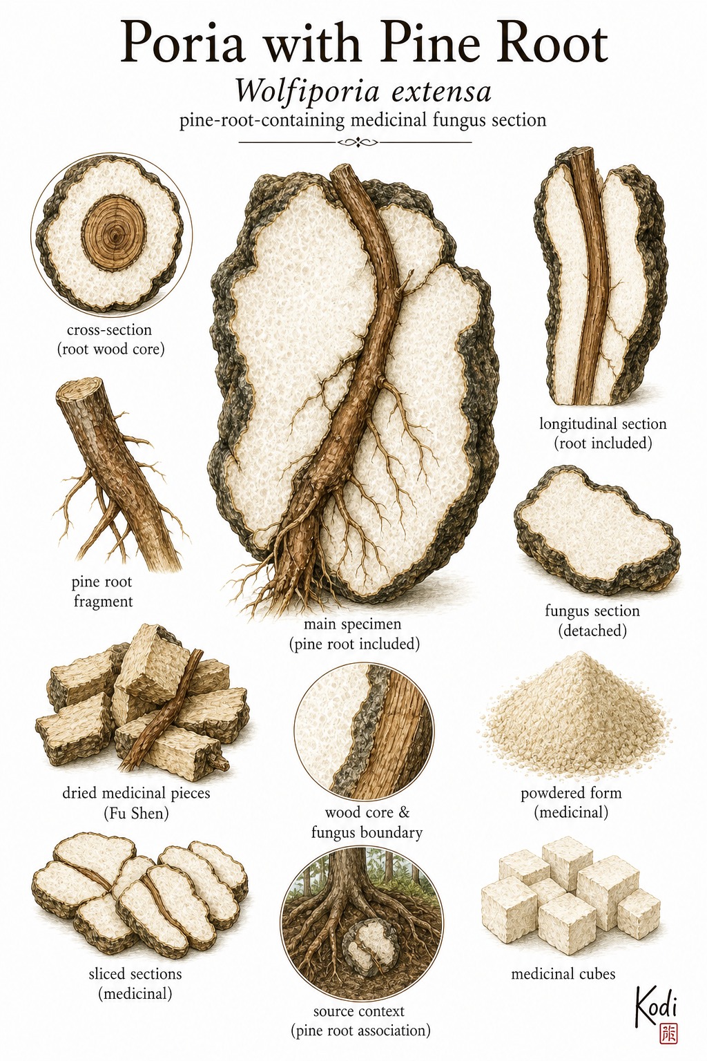 Scientific specimen plate of Poria with Pine Root, Wolfiporia extensa, showing Fu Shen section with pine root inclusion and diagnostic medicinal fungus details.