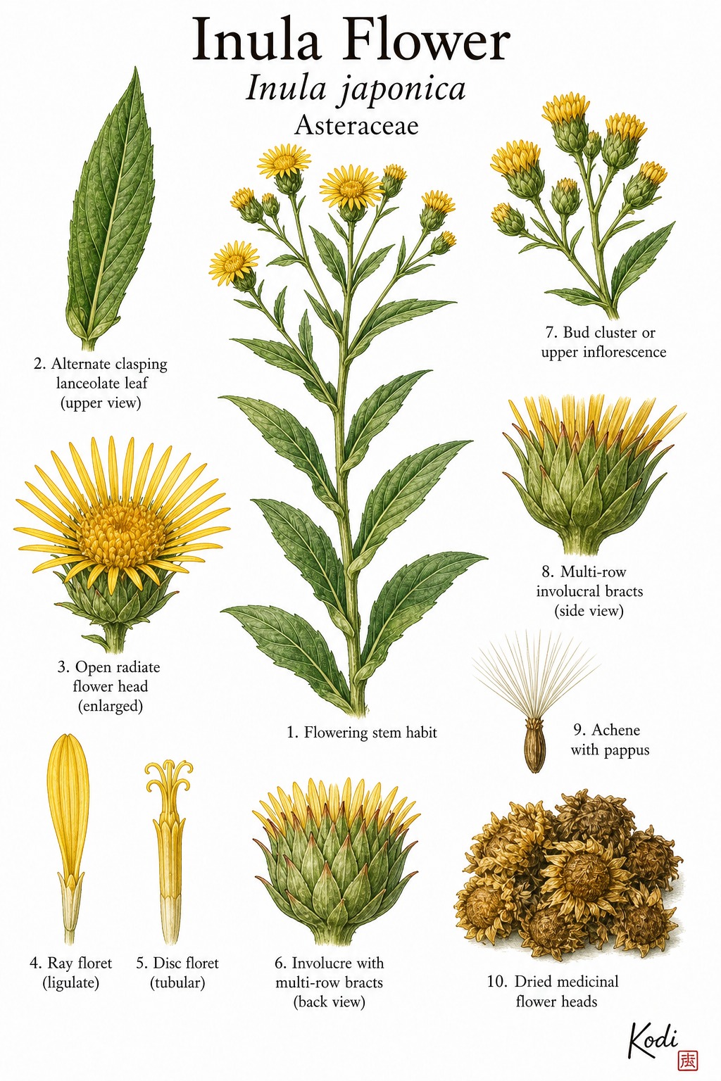 Botanical illustration of Inula Flower, Inula japonica, showing yellow flower heads, clasping leaves, dried Xuan Fu Hua flower material, and diagnostic descending-qi herb details.