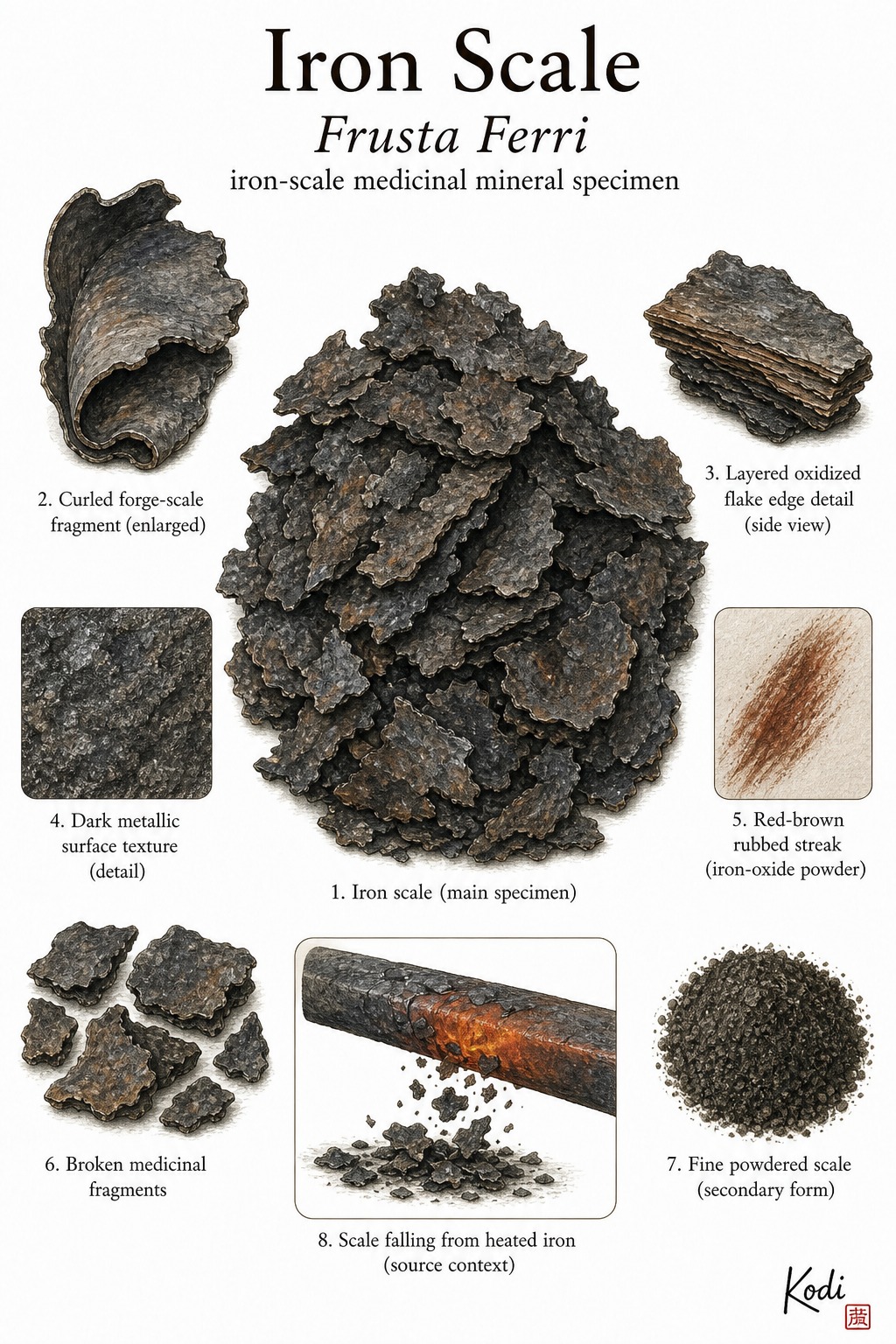 Scientific specimen plate of Iron Scale, Frusta Ferri, showing oxidized iron-scale flakes, abrasion streak detail, powdered comparison, and diagnostic medicinal mineral details.