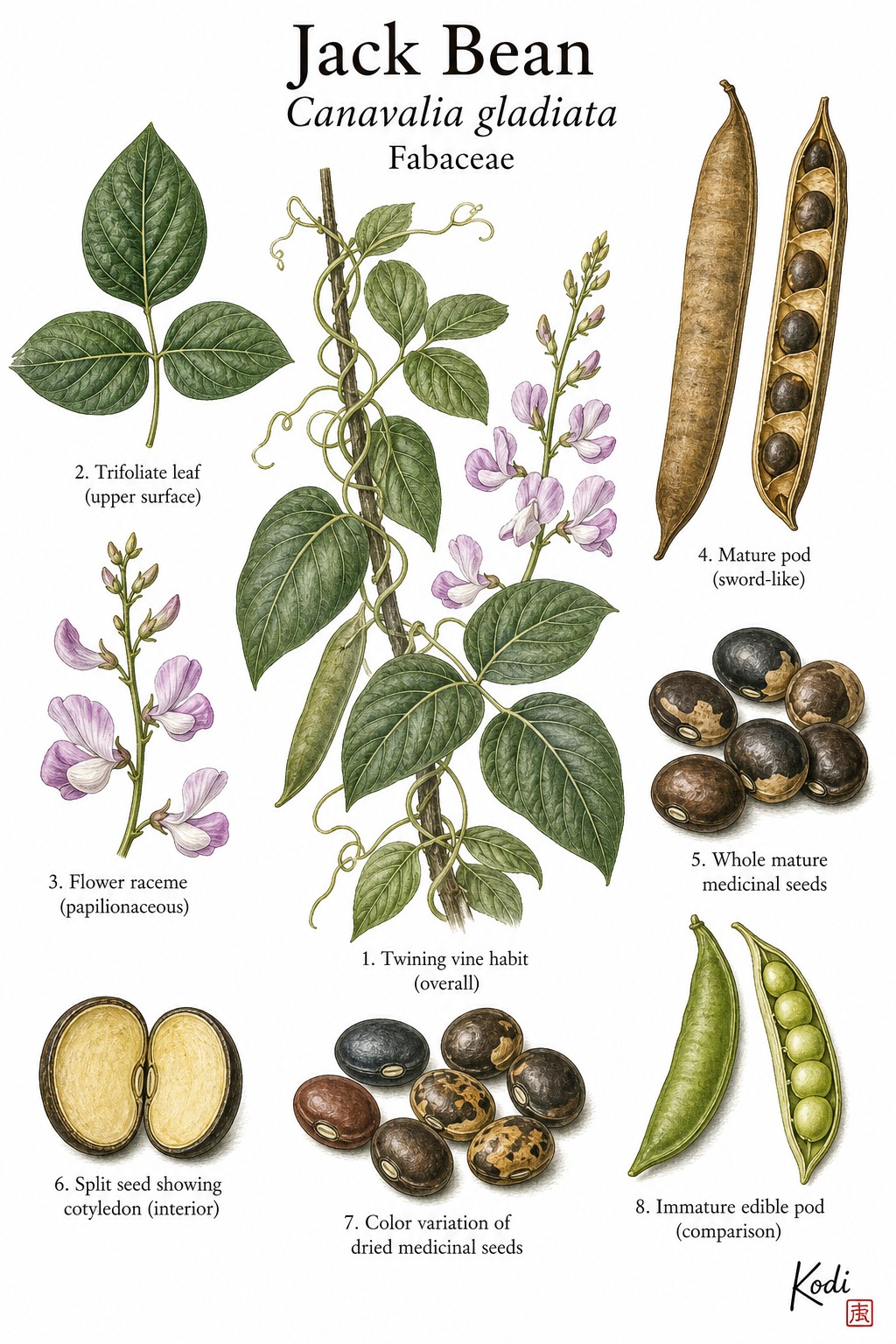 Botanical illustration of Jack Bean, Canavalia gladiata, showing sword-bean vine habit, mature seeds, long pod anatomy, and diagnostic Dao Dou seed details.