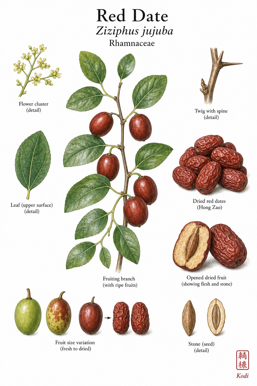 Botanical illustration of Red Date, Ziziphus jujuba, showing ripe branch fruits, plump dried Hong Zao dates, opened fruit, and diagnostic jujube features.