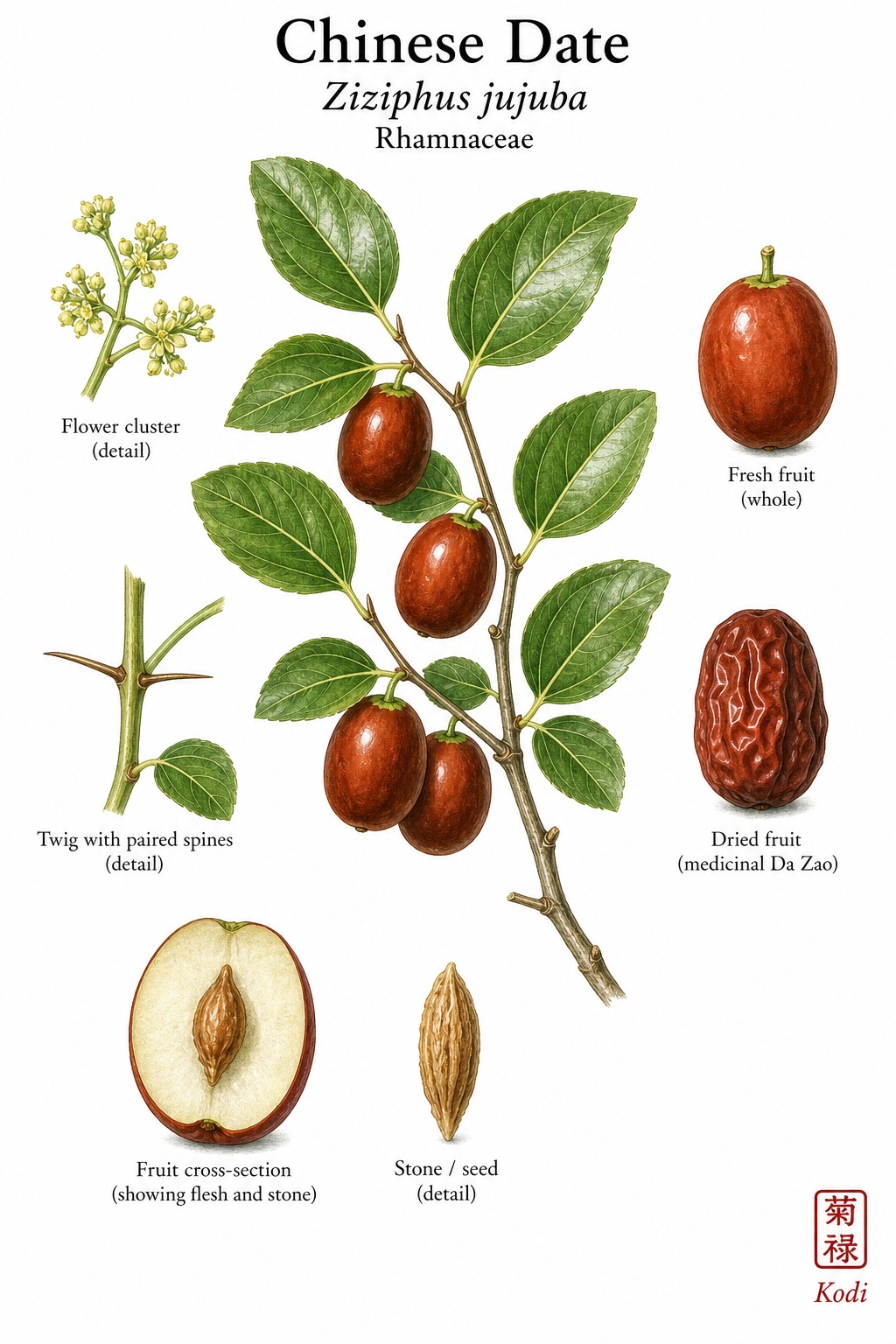 Botanical illustration of Chinese Date, Ziziphus jujuba, showing fruiting branch, fresh and dried Da Zao fruits, stone detail, and diagnostic jujube plant features.
