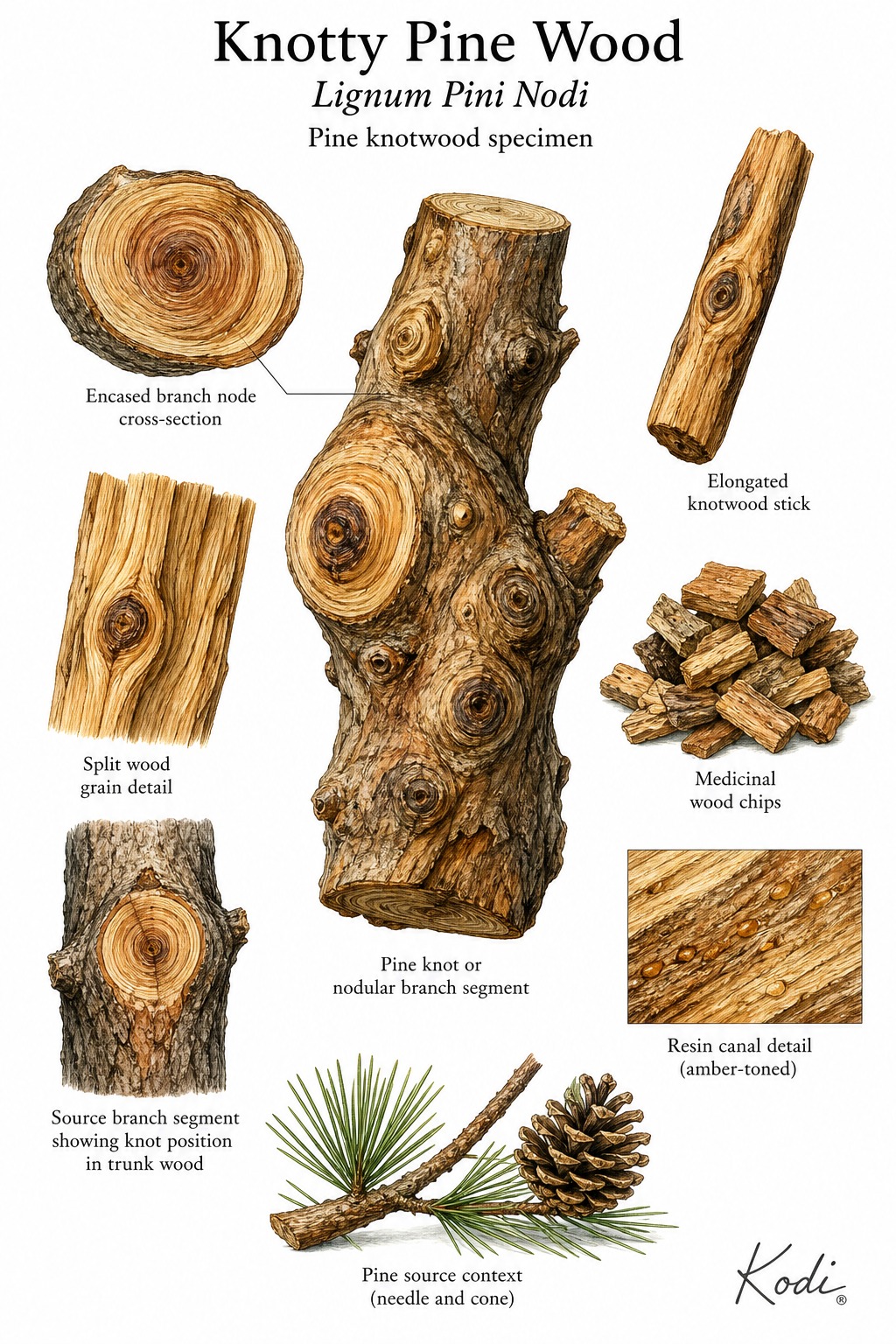 Scientific specimen plate of Knotty Pine Wood, Lignum Pini Nodi, showing woody pine nodes, swirling grain, medicinal chips, and diagnostic Song Jie material details.