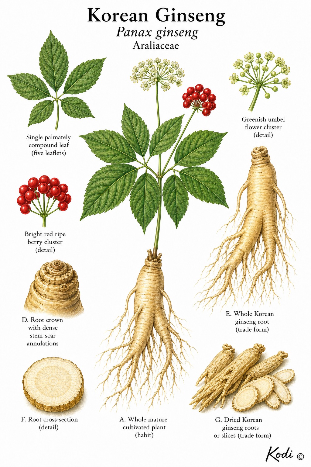 Botanical illustration of Korean Ginseng, Panax ginseng, showing mature plant habit, red berries, annulated root crown, and diagnostic Gao Li Shen root details.