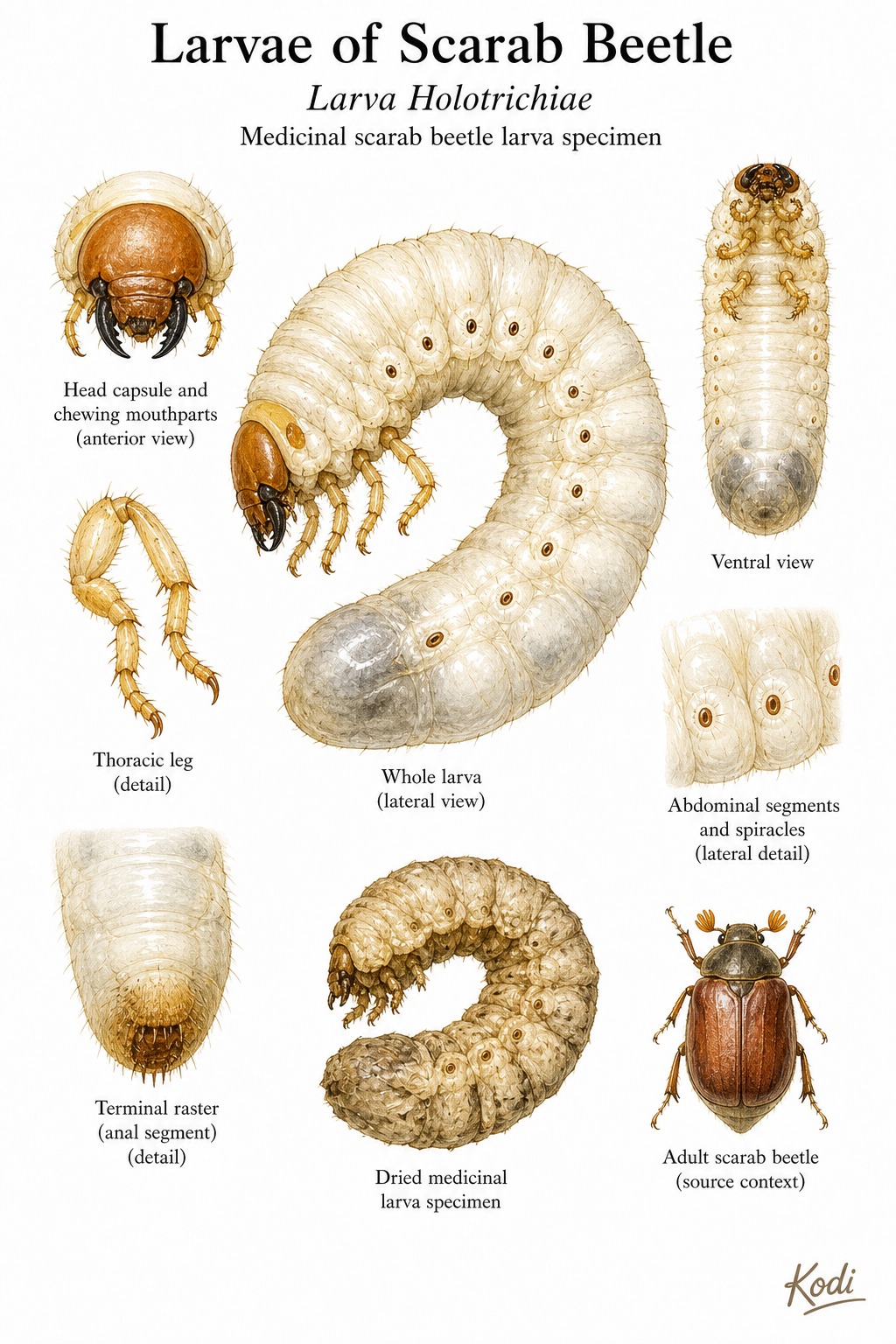 Scientific specimen plate of Larvae of Scarab Beetle, Larva Holotrichiae, showing C-shaped larva anatomy, dried specimen form, and diagnostic Qi Cao details.