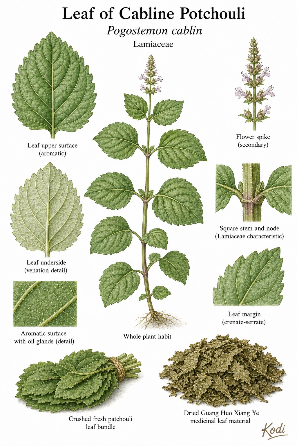 Botanical illustration of Leaf of Cabline Potchouli, Pogostemon cablin, showing broad aromatic leaves, square stem, dried Guang Huo Xiang Ye material, and diagnostic plant details.