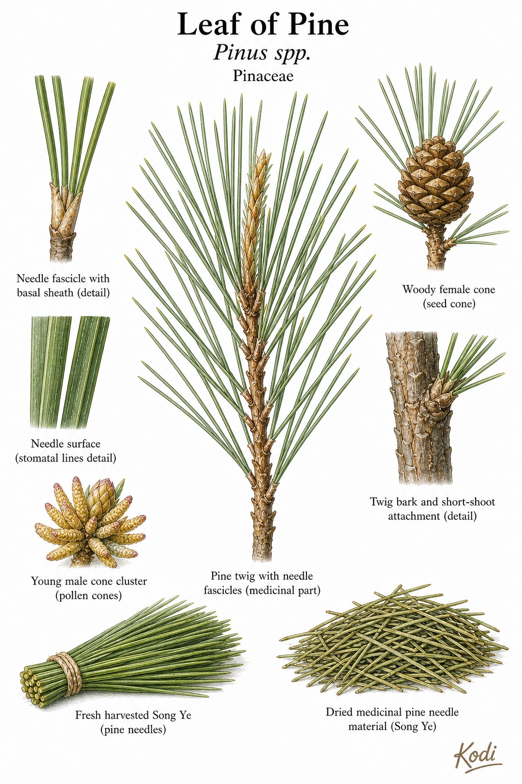 Botanical illustration of Leaf of Pine, Pinus spp., showing needle fascicles, cones, dried Song Ye material, and diagnostic plant details.