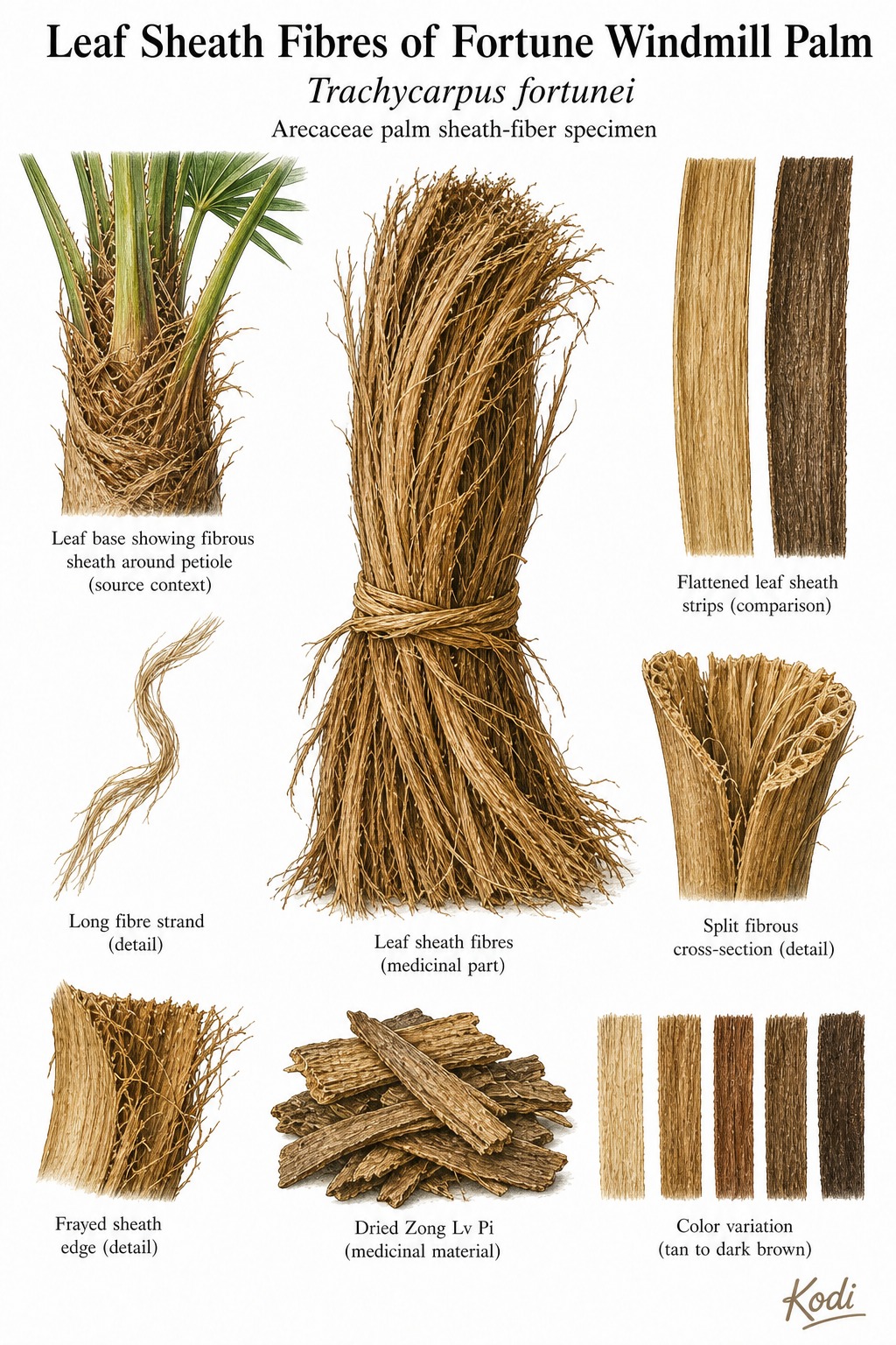Scientific specimen plate of Leaf Sheath Fibres of Fortune Windmill Palm, Trachycarpus fortunei, showing sheath fibers, fibrous strips, source context, and diagnostic Zong Lv Pi material details.
