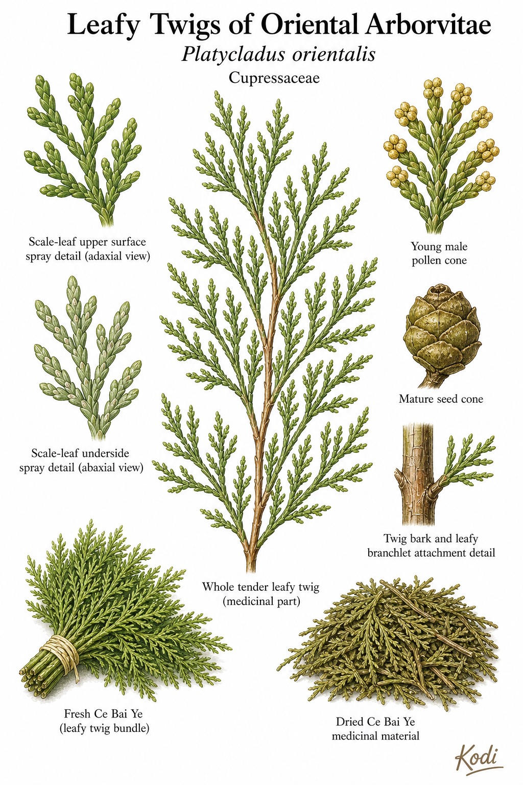 Botanical illustration of Leafy Twigs of Oriental Arborvitae, Platycladus orientalis, showing scale-like leafy twigs, cones, dried Ce Bai Ye material, and diagnostic plant details.