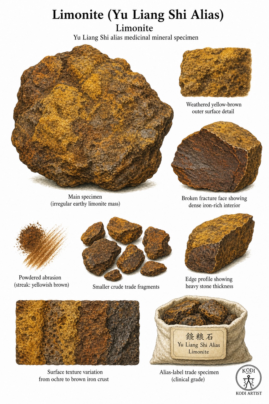 Scientific specimen plate of Limonite, showing irregular earthy Yu Liang Shi alias material, fracture face, powder abrasion, and diagnostic medicinal mineral details.