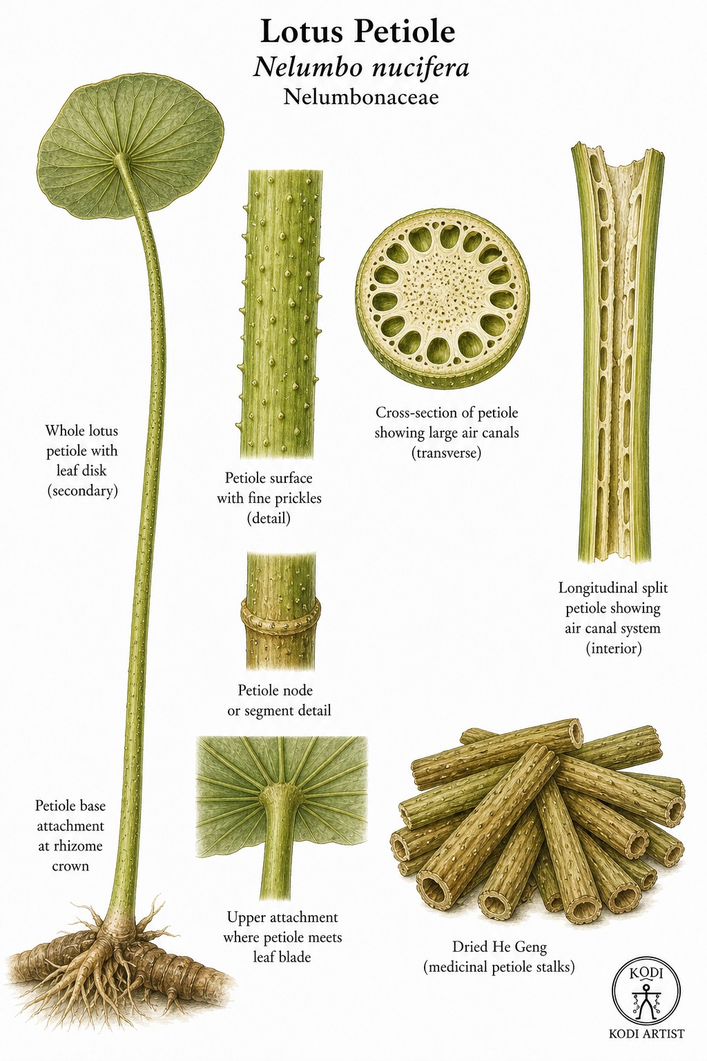 Botanical illustration of Lotus Petiole, Nelumbo nucifera, showing He Geng stalk form, air-canal cross-section, and diagnostic plant details.