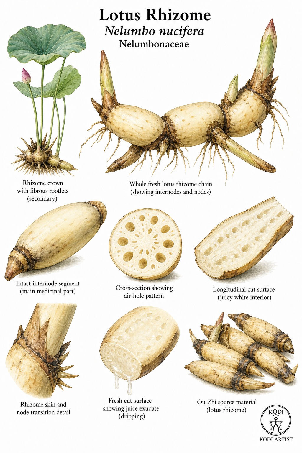 Botanical illustration of Lotus Rhizome, Nelumbo nucifera, showing fresh rhizome chain, internode cross-sections, Ou Zhi source material, and diagnostic plant details.