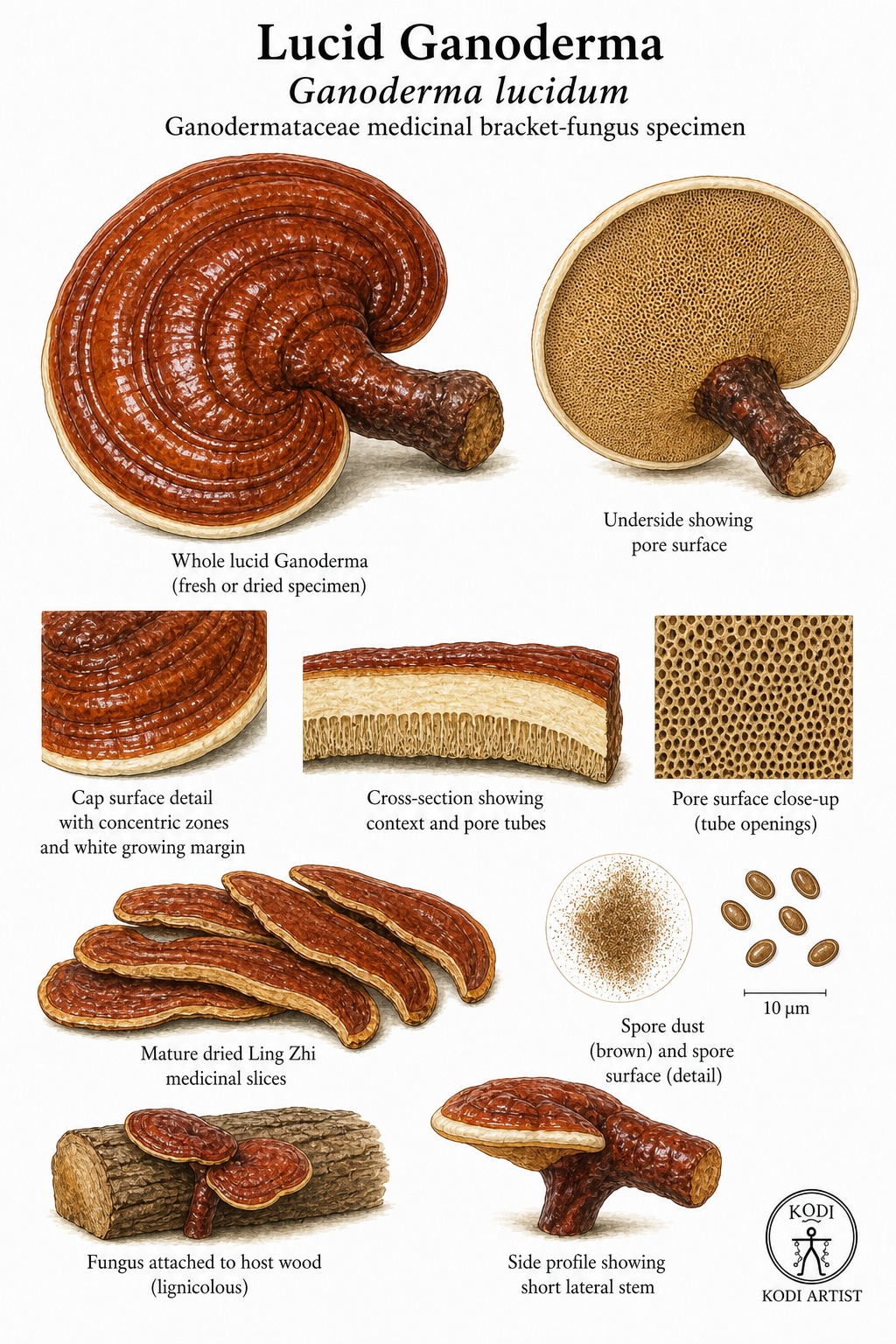 Scientific fungus specimen plate of Lucid Ganoderma, Ganoderma lucidum, showing lacquered bracket caps, pore underside, cross-section, dried slices, and diagnostic fungal details.