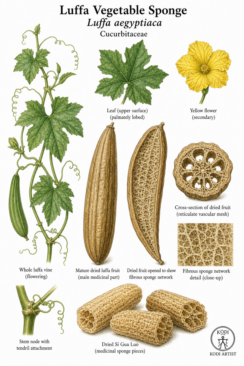 Botanical illustration of Luffa Vegetable Sponge, Luffa aegyptiaca, showing mature fibrous sponge body, source gourd, seed cavity, and diagnostic plant details.