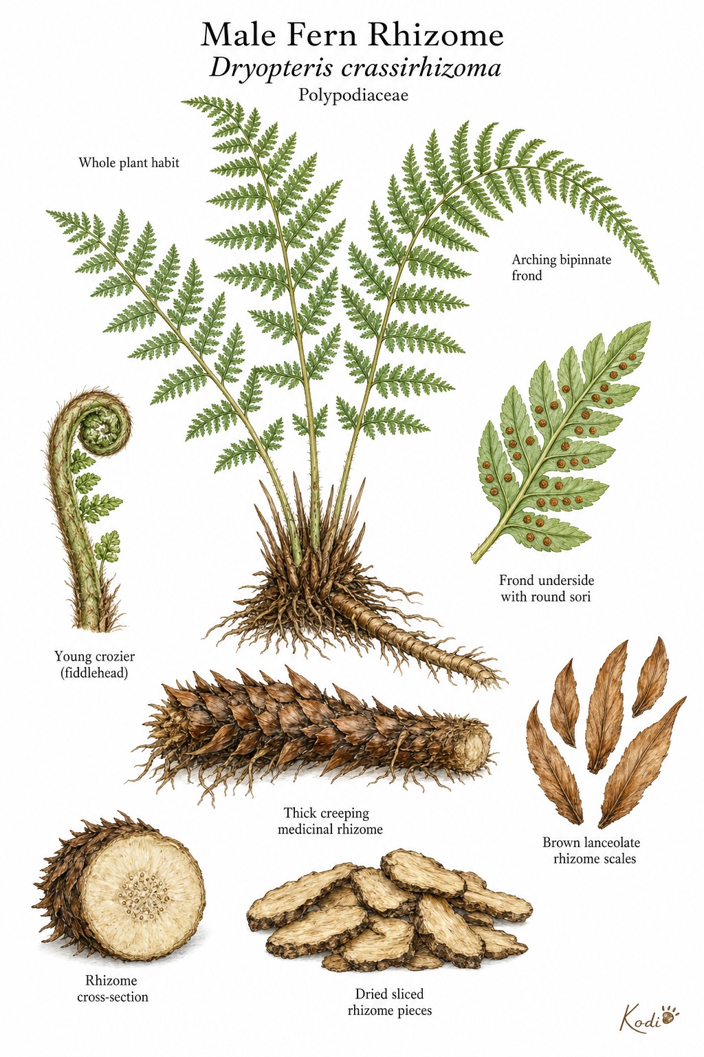 Botanical illustration of Male Fern Rhizome, Dryopteris crassirhizoma, showing source fern, scaly rhizome, sori, dried slices, and diagnostic plant details.