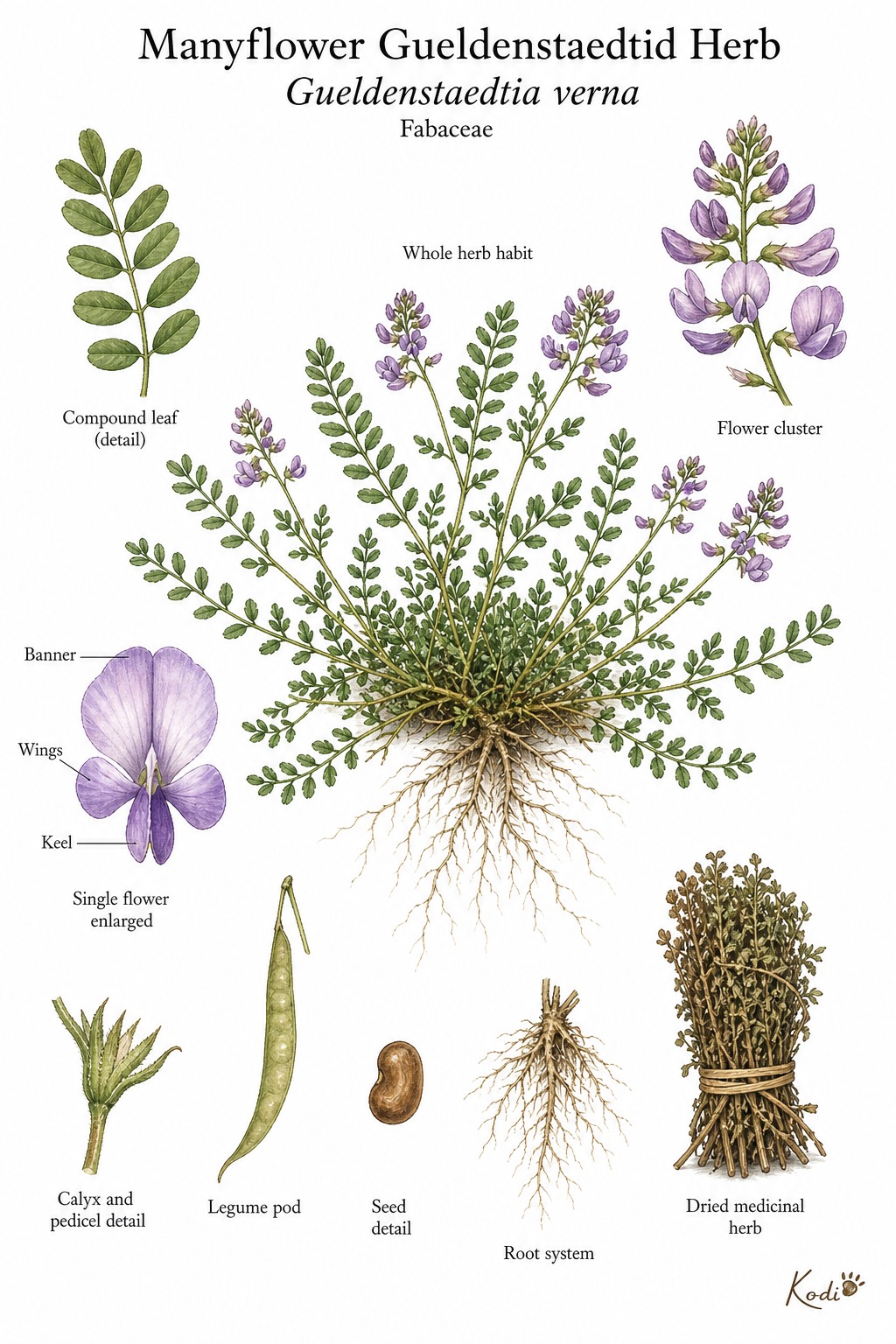 Botanical illustration of Manyflower Gueldenstaedtid Herb, Gueldenstaedtia verna, showing low herb habit, compound leaves, pea flowers, pods, roots, and diagnostic plant details.