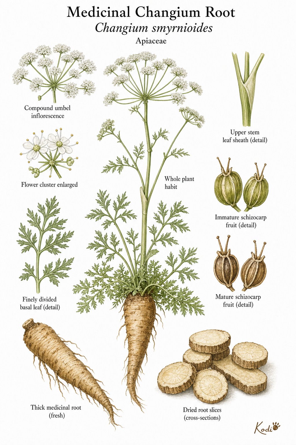 Botanical illustration of Medicinal Changium Root, Changium smyrnioides, showing umbel habit, divided leaves, medicinal root, and diagnostic plant details.