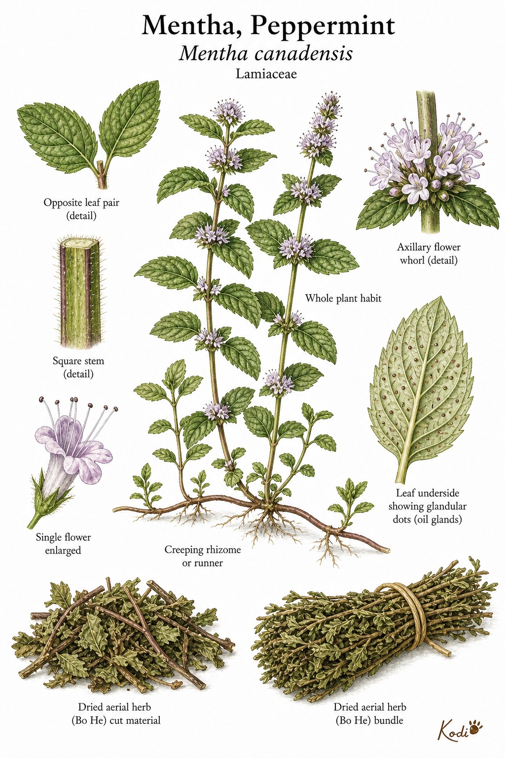 Botanical illustration of Mentha, Peppermint, Mentha canadensis, showing flowering mint stems, leaves, runners, dried Bo He herb, and diagnostic plant details.