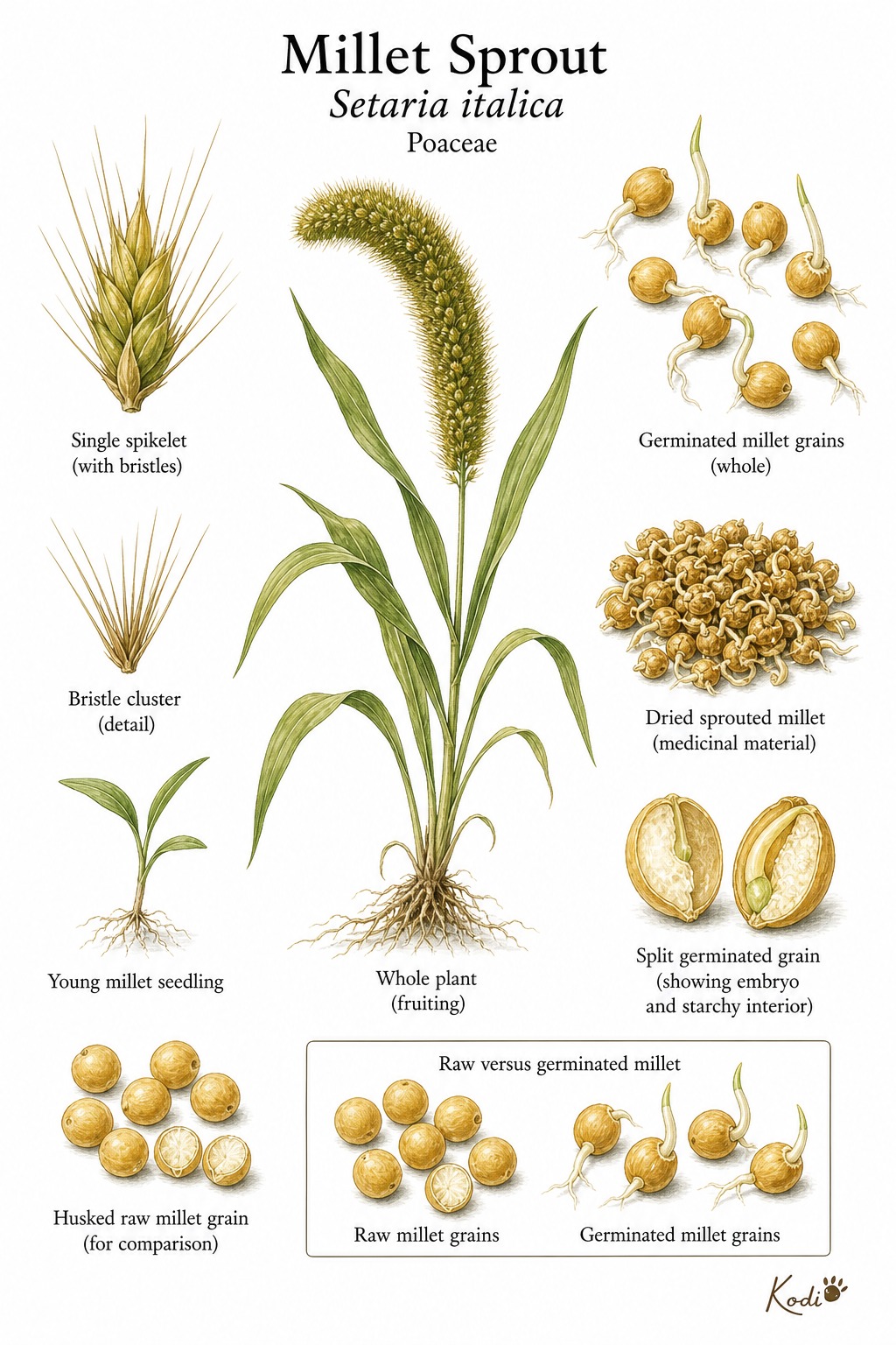 Botanical illustration of Millet Sprout, Setaria italica, showing foxtail millet source, germinated grains, dried sprouts, and diagnostic plant details.