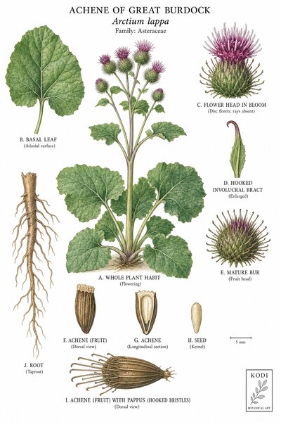 Botanical plate illustration of Achene of Great Burdock by Kodi