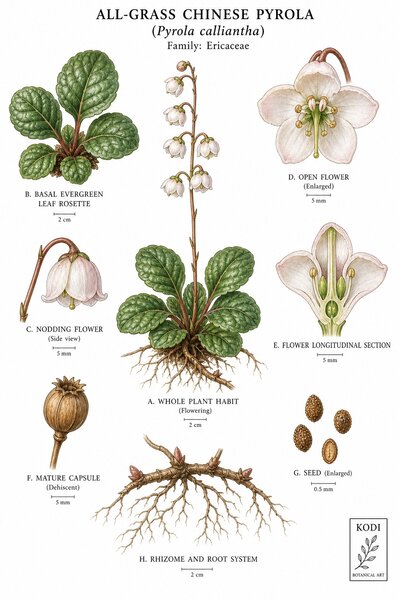 Botanical illustration of All-Grass Chinese Pyrola, Pyrola calliantha, showing habit, leaves, flowers, fruit, seed, root, and diagnostic plant details.