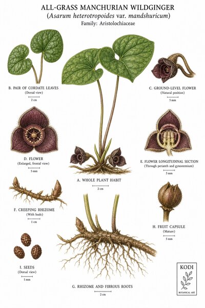 Botanical illustration of All-Grass Manchurian Wildginger, Asarum heterotropoides var. mandshuricum, showing habit, leaves, flowers, fruit, seed, root, and diagnostic plant details.