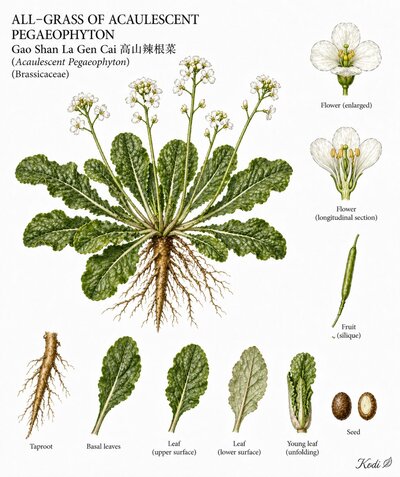 Botanical illustration of All-Grass of Acaulescent Pegaeophyton, Pegaeophyton scapiflorum, showing habit, leaves, flowers, fruit, seed, root, and diagnostic plant details.