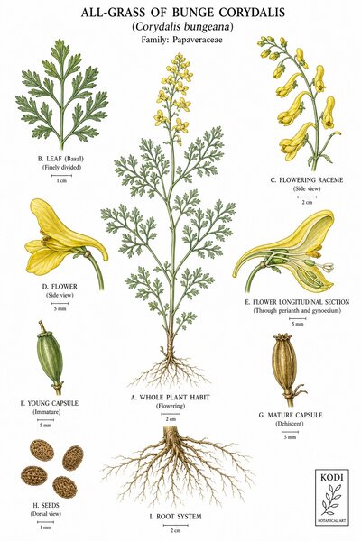 Botanical illustration of All-Grass of Bunge Corydalis, Corydalis bungeana, showing habit, leaves, flowers, fruit, seed, root, and diagnostic plant details.