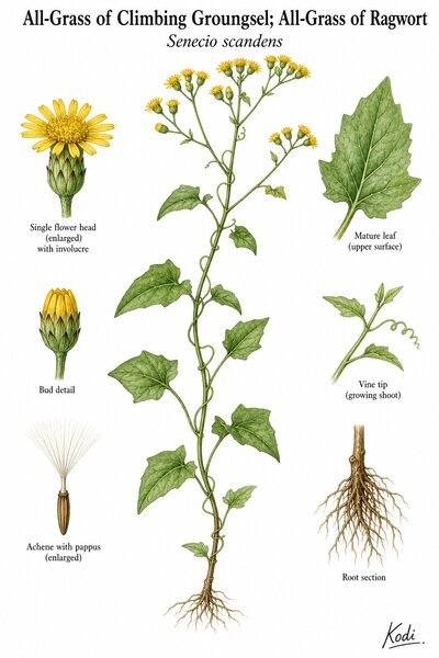Botanical illustration of All-Grass of Climbing Groungsel; All-Grass of Ragwort, Senecio scandens, showing habit, leaves, flowers, fruit, seed, root, and diagnostic plant details.