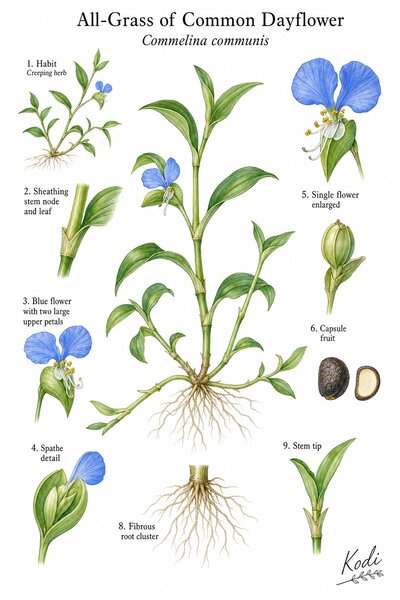 Botanical illustration of All-Grass of Common Dayflower, Commelina communis, showing habit, leaves, flowers, fruit, seed, root, and diagnostic plant details.