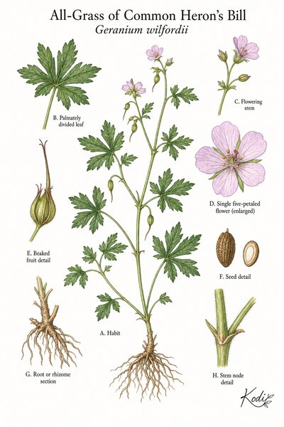Botanical illustration of All-Grass of Common Heron's Bill, Geranium wilfordii, showing habit, leaves, flowers, fruit, seed, root, and diagnostic plant details.