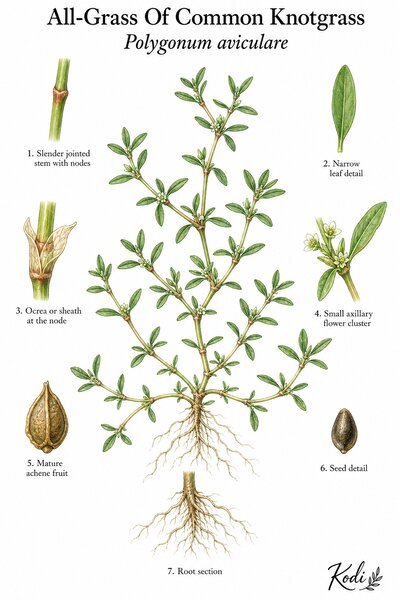 Botanical illustration of All-Grass Of Common Knotgrass, Polygonum aviculare, showing habit, leaves, flowers, fruit, seed, root, and diagnostic plant details.