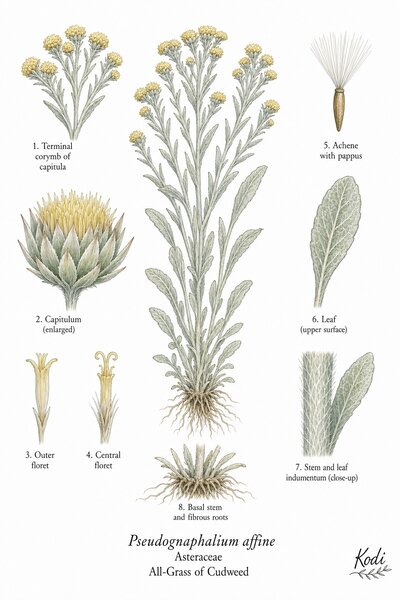 Botanical illustration of All-Grass of Cudweed, Pseudognaphalium affine, showing habit, leaves, capitula, achene, pappus, root, and diagnostic plant details.