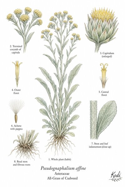 Botanical illustration of All-Grass of Cudweed, Pseudognaphalium affine, showing habit, leaves, capitula, achene, pappus, root, and diagnostic plant details.