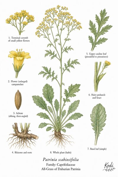 Botanical illustration of All-Grass of Dahurian Patrinia, Patrinia scabiosifolia, showing habit, leaves, flowers, fruit, seed, root, and diagnostic plant details.