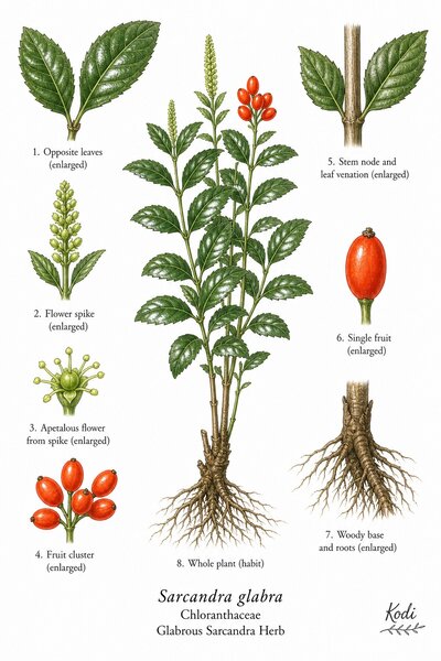 Botanical illustration of Glabrous Sarcandra Herb, Sarcandra glabra, showing habit, leaves, flowers, fruit, stem, root, and diagnostic plant details.
