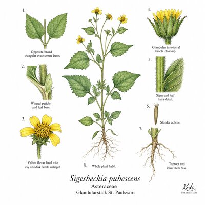 Botanical illustration of Glandularstalk St. Paulswort, Sigesbeckia pubescens, showing habit, opposite leaves, flower heads, achenes, root, and diagnostic plant details.