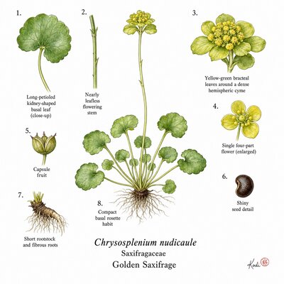 Botanical illustration of Golden Saxifrage, Chrysosplenium nudicaule, showing habit, basal leaves, flowers, capsule fruit, seed, rootstock, and diagnostic plant details.