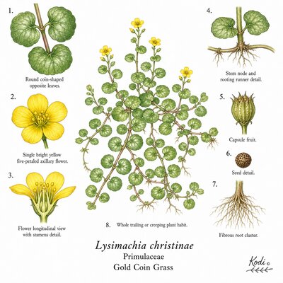 Botanical illustration of Gold Coin Grass, Lysimachia christinae, showing habit, coin-shaped leaves, flowers, fruit, root, and diagnostic plant details.