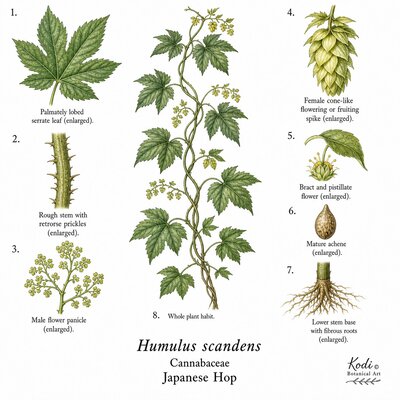 Botanical illustration of Japanese Hop, Humulus scandens, showing habit, leaves, flowers, fruiting spikes, achenes, stem, root, and diagnostic plant details.