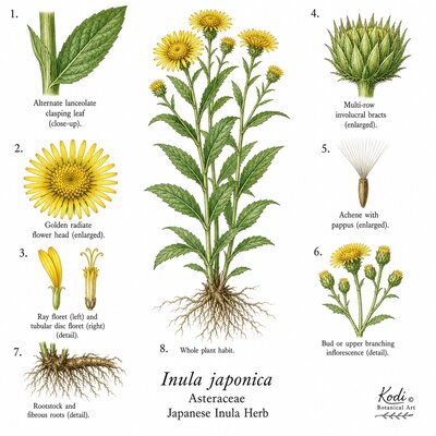 Botanical illustration of Japanese Inula Herb, Inula japonica, showing habit, leaves, flower heads, fruit, pappus, rootstock, and diagnostic plant details.